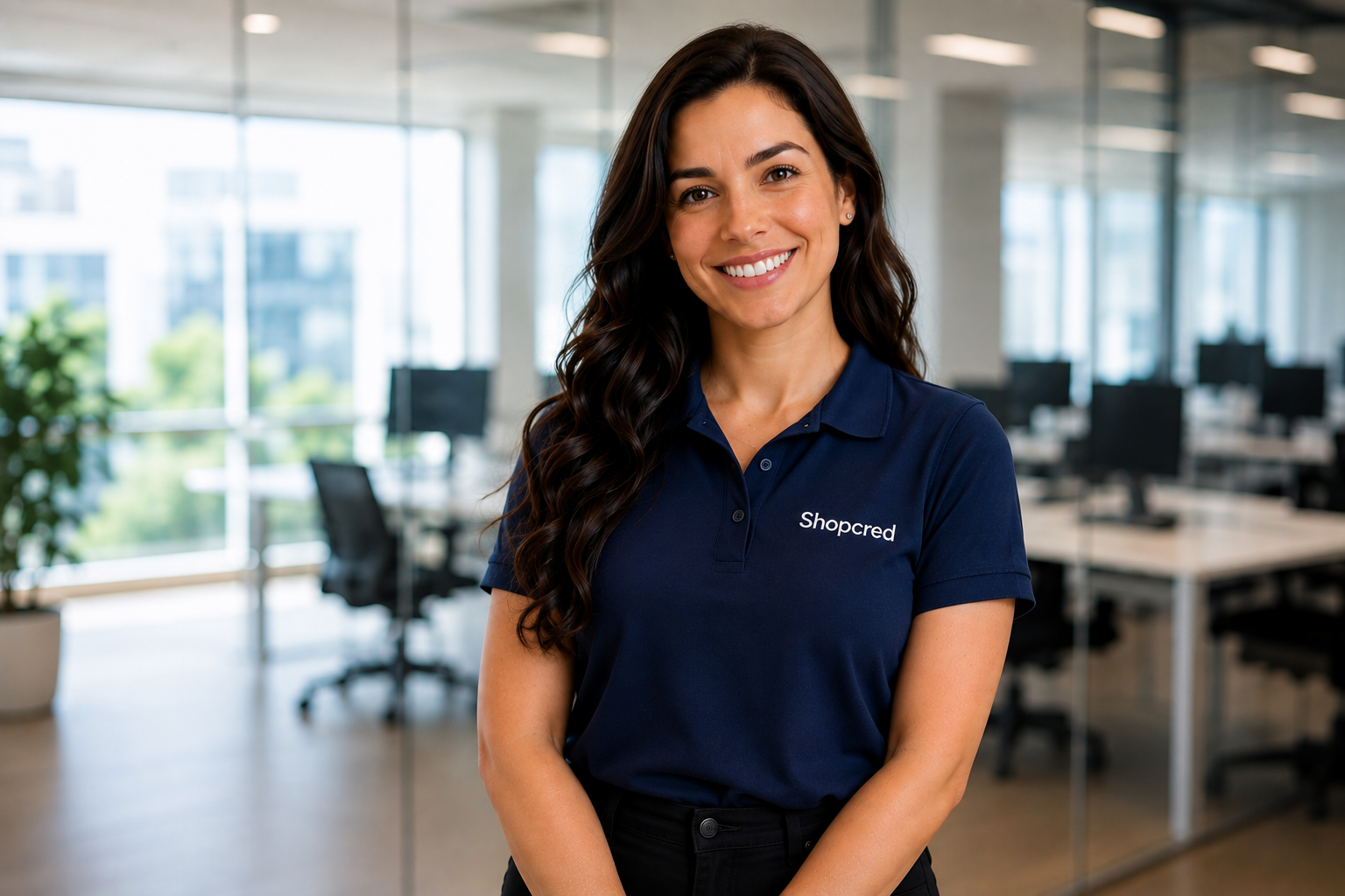 Sophia, anfitriã do Shopcred Vagas, sorrindo em um escritório claro com polo azul-marinho Shopcred